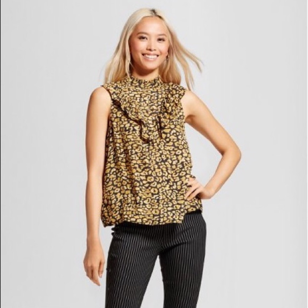 Who What Wear Watercolor Cheetah Animal Print Sleeveless Ruffle Top XS NWT